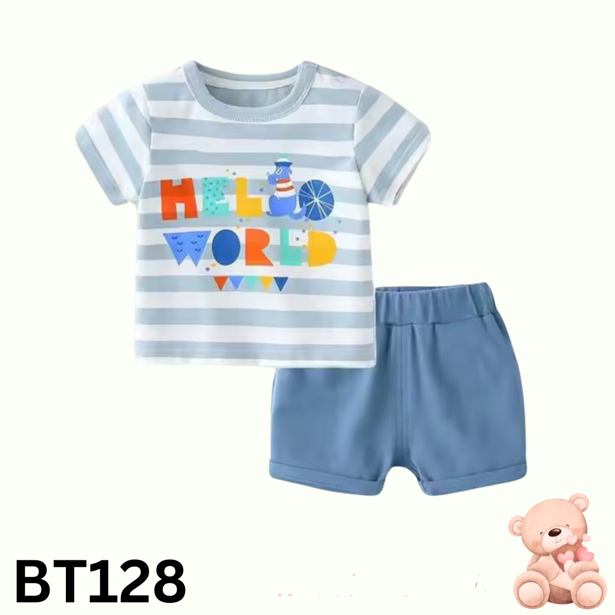 Baby Short Sleeve T-Shirt Set (White stripped and blue)